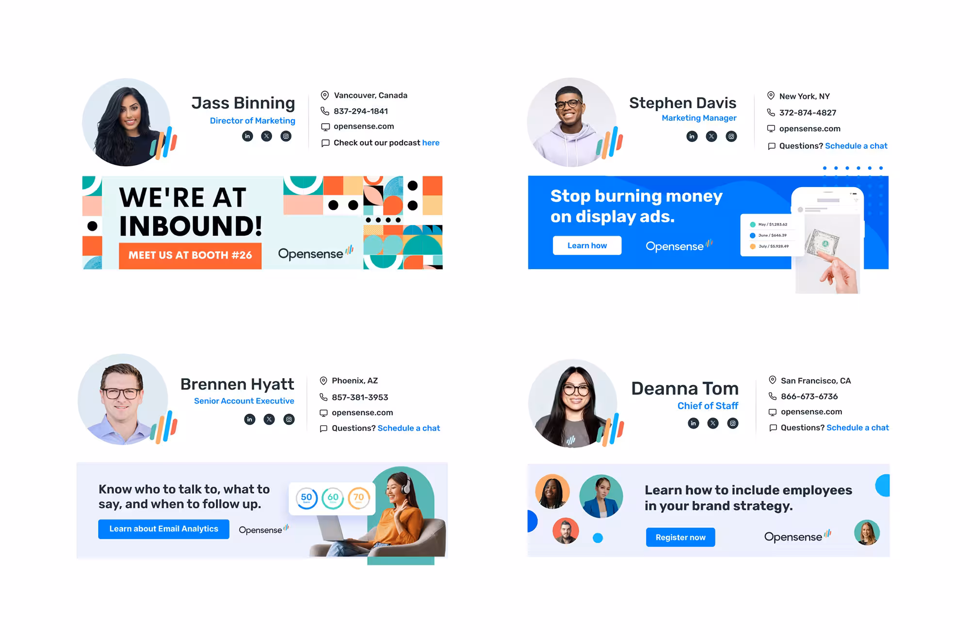 Four email signature layouts, each showing a professional headshot, name, title, contact details, and social icons, paired with different promotional banners. The first banner announces an event with the message ‘We’re at INBOUND! Meet us at booth #26.’ The second promotes saving money on display ads with a ‘Learn more’ button. The third banner highlights email analytics with an illustration of a person using a laptop. The fourth encourages learning how to include employees in brand strategy, featuring small profile images and a ‘Register now’ button.