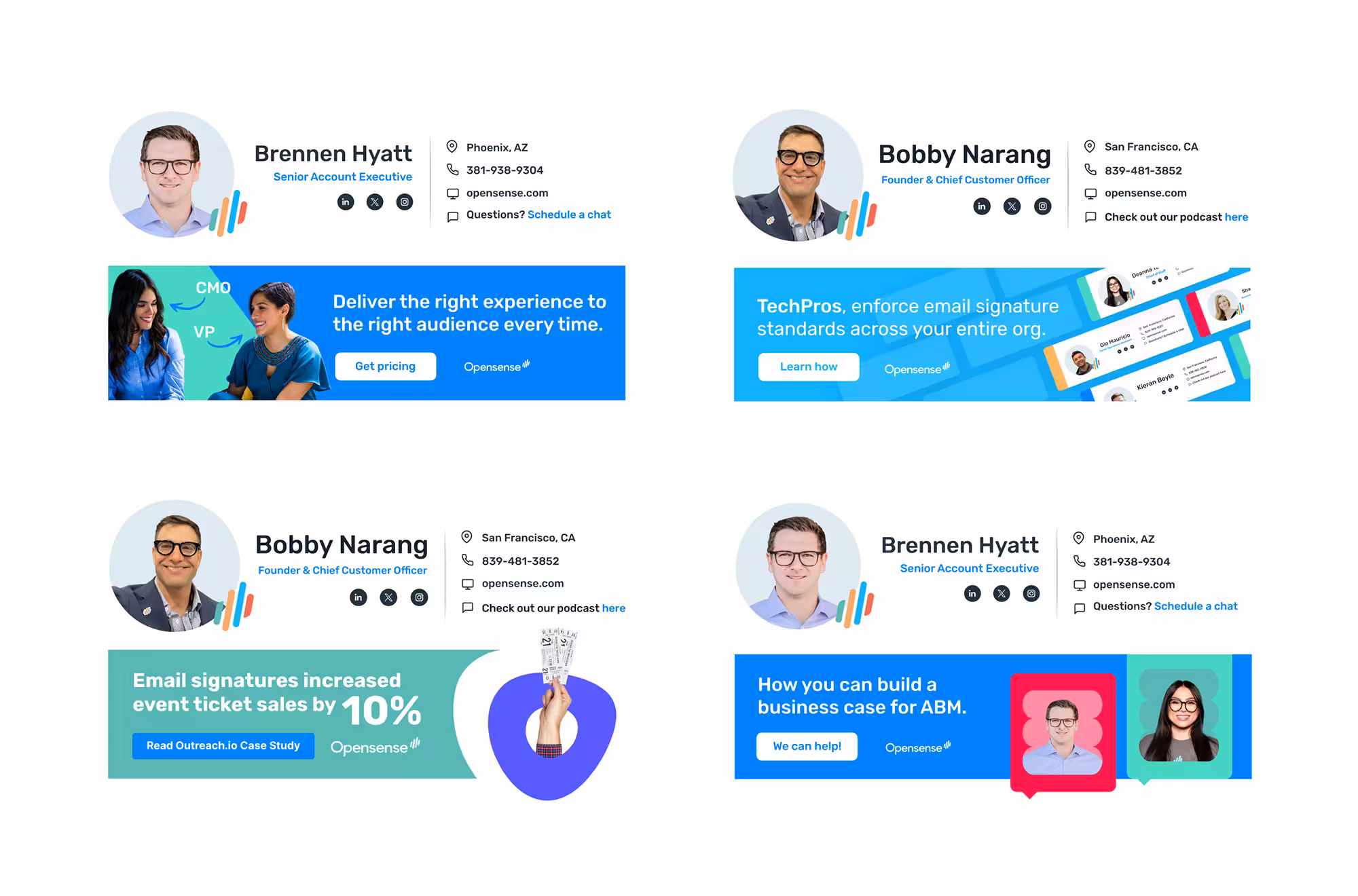 A collection of Opensense email signature examples, each paired with a promotional banner. The signatures feature headshots, names, titles, contact details, and social icons for employees Brennen Hyatt and Bobby Narang. The banners beneath each signature promote different marketing messages, promoting a case study, ABM strategy, and pricing.