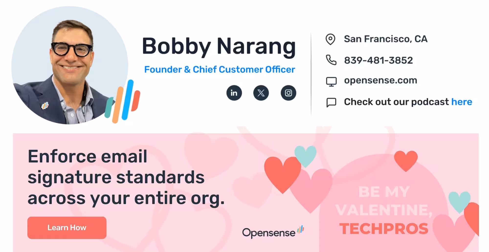 Opensense email signature with contact details and social icons, plus Valentine’s-themed ad banner promoting email signature management, brand consistency, and organization-wide email standards.