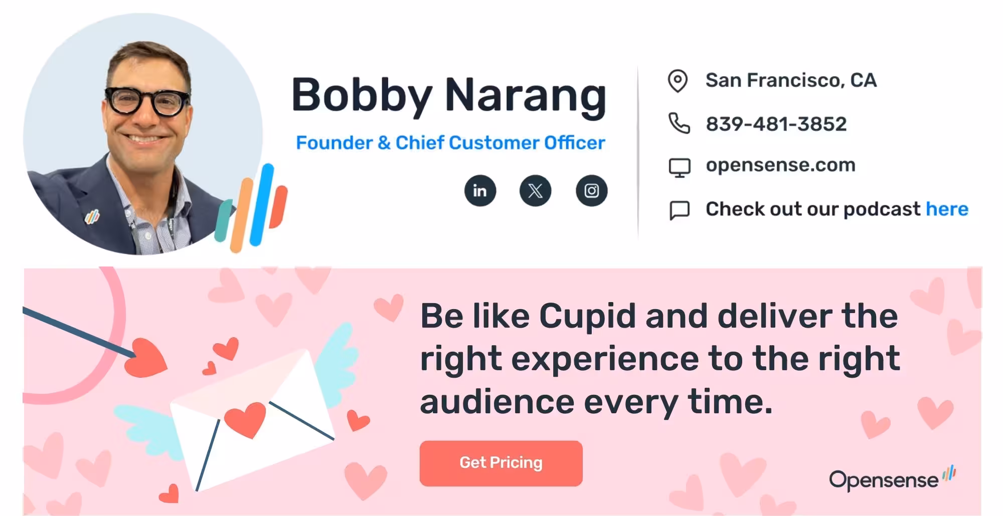 Opensense email signature with contact details and social icons, plus a Valentine’s-themed ad banner promoting targeted email personalization and email signature marketing, with CTA to get pricing.