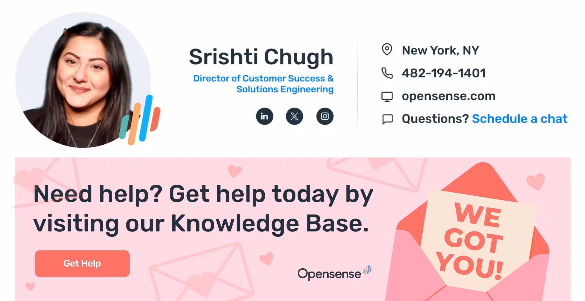 Opensense email signature for Srishti Chugh with contact details and social links, featuring a Valentine’s-themed support ad banner promoting the Opensense Knowledge Base with a ‘Get Help’ CTA.