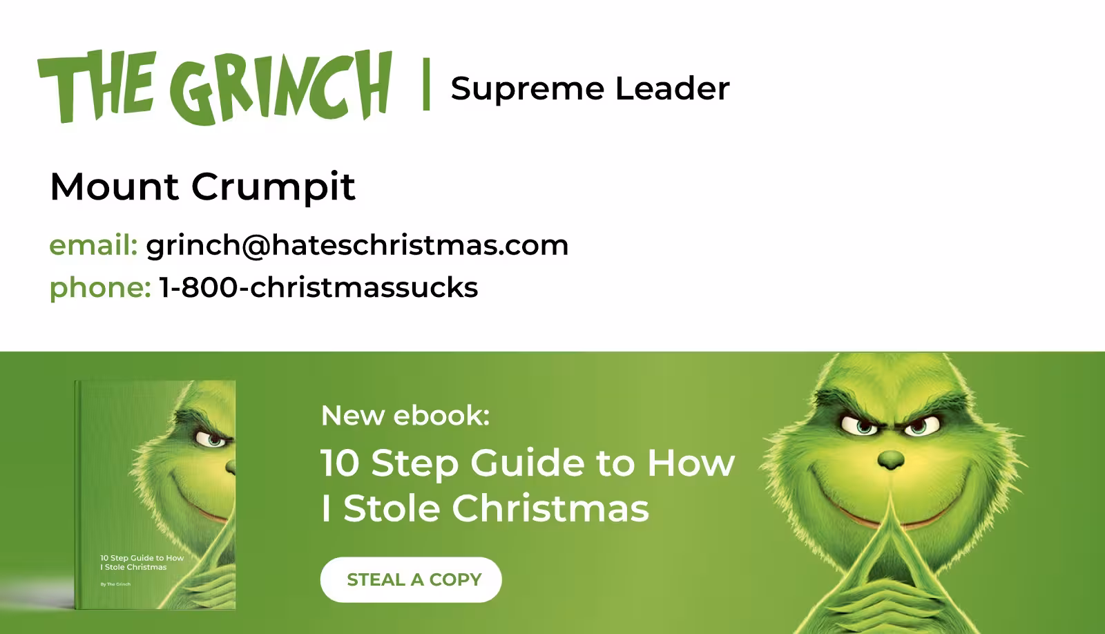Email signature for the Grinch with contact details, followed by a green holiday-themed email ad banner promoting an ebook titled ‘10 Step Guide to How I Stole Christmas.’