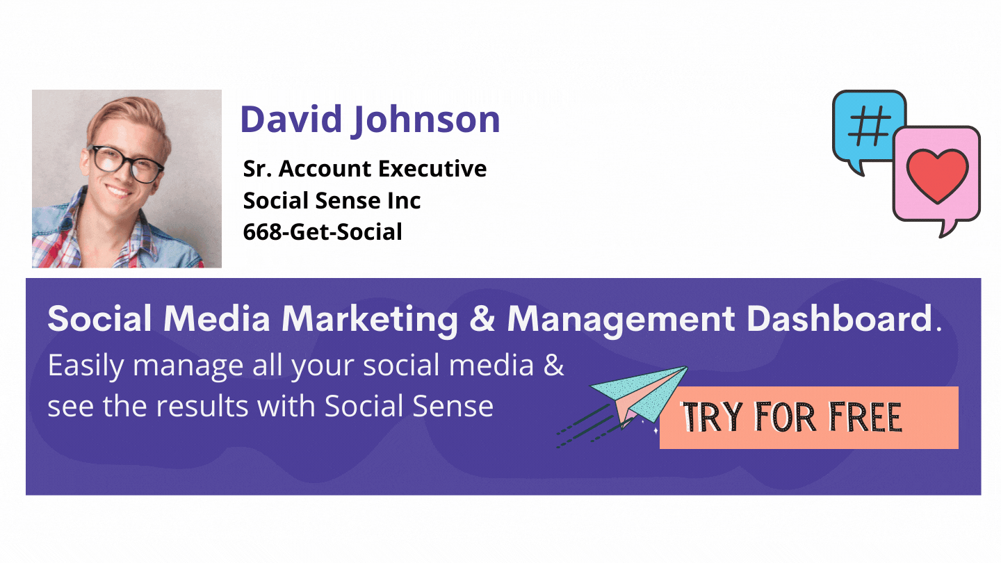 Email signature for David Johnson featuring a banner promoting a social media marketing and management dashboard free trial, demonstrating how Opensense drives product adoption via email ad banners.