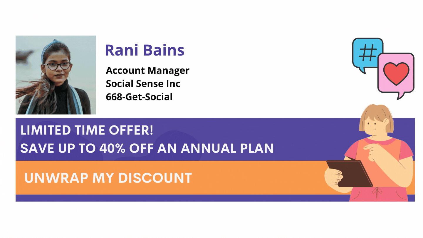 Email signature for Rani Bains featuring a limited-time offer ad banner advertising up to 40% off an annual plan, illustrating how Opensense email banners can generate more revenue and upsells.