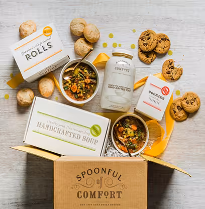spoonful of comfort gift box with soup, cookies and rolls