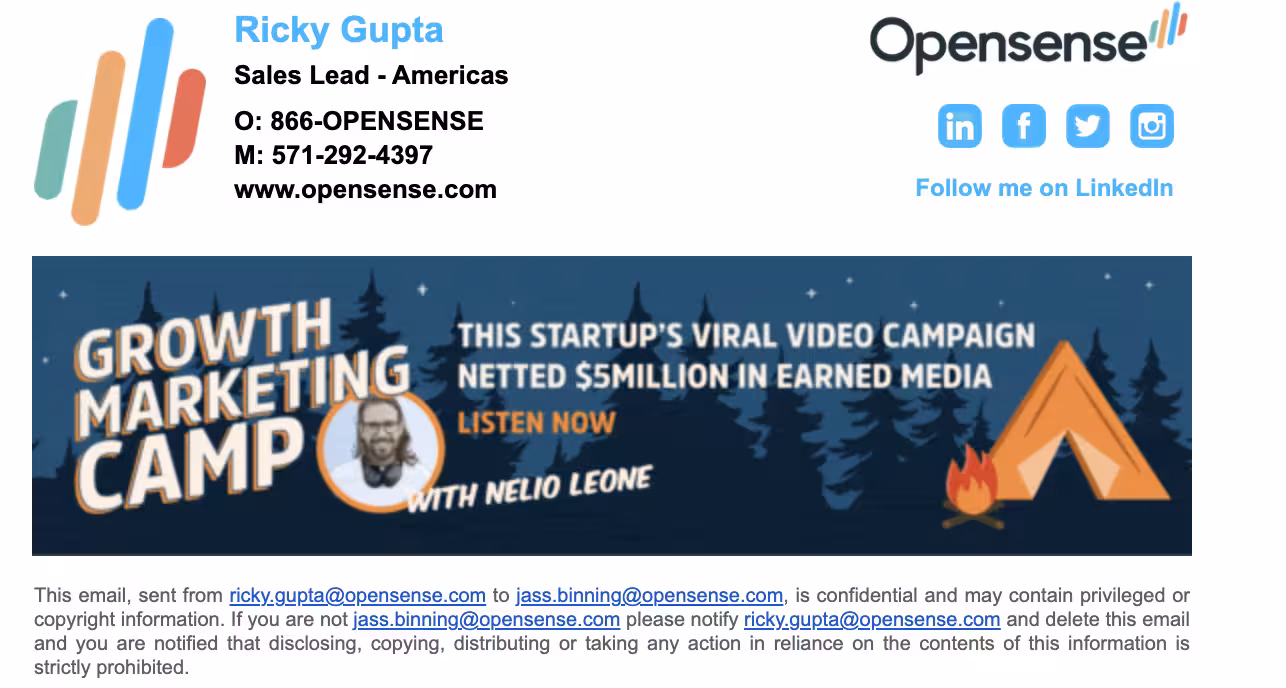 Opensense email signature for Ricky Gupta with a promotional banner for the Growth Marketing Camp podcast episode about a viral video campaign earning $5 million—illustrating how Opensense turns everyday email into an effective content distribution channel that drives revenue.