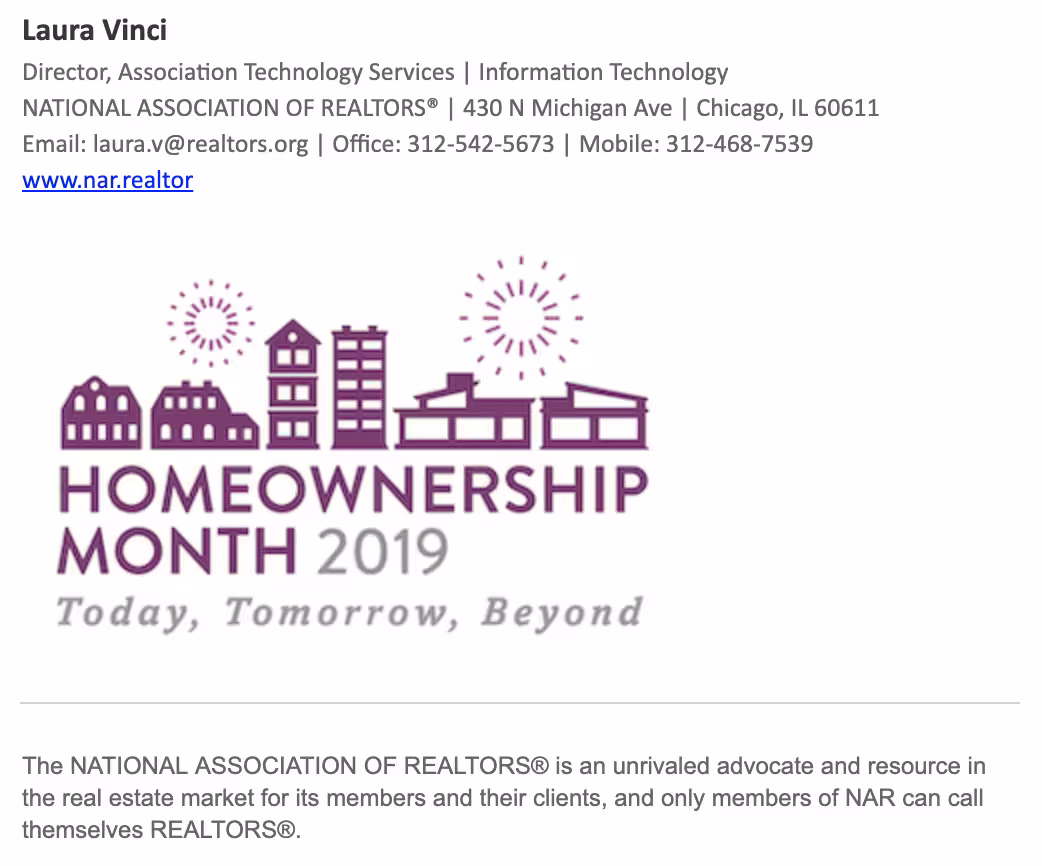 Email signature for Laura Vinci of the National Association of REALTORS®, featuring a Homeownership Month 2019 banner with illustrated houses and sun icons—showing how Opensense email banners can promote key awareness campaigns directly inside every employee email.