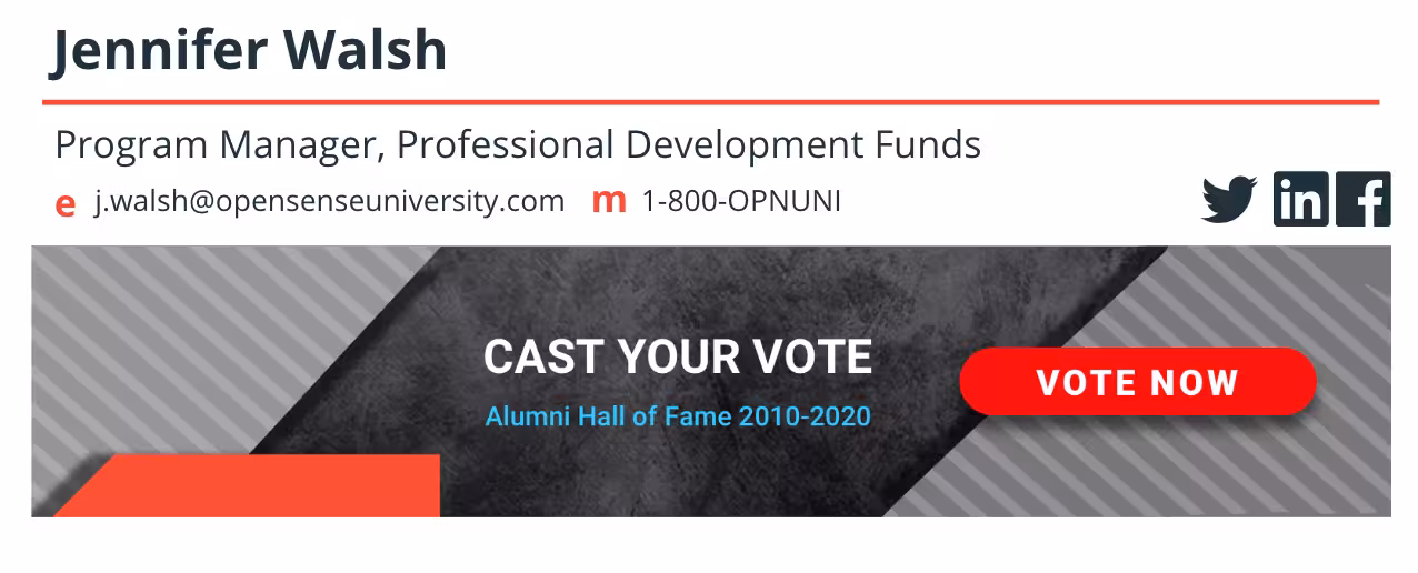 Email signature ad banner encouraging alumni to cast their vote for the 2010–2020 Alumni Hall of Fame, illustrating how Opensense helps universities drive engagement in key alumni programs.
