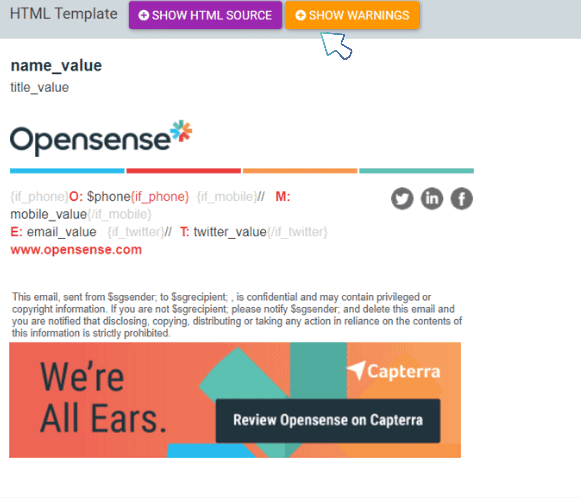 mail signature showing an Opensense template preview with a Capterra banner reading ‘We’re All Ears — Review Opensense on Capterra,’ demonstrating how Opensense enables companies to drive review generation through targeted email signature banners.