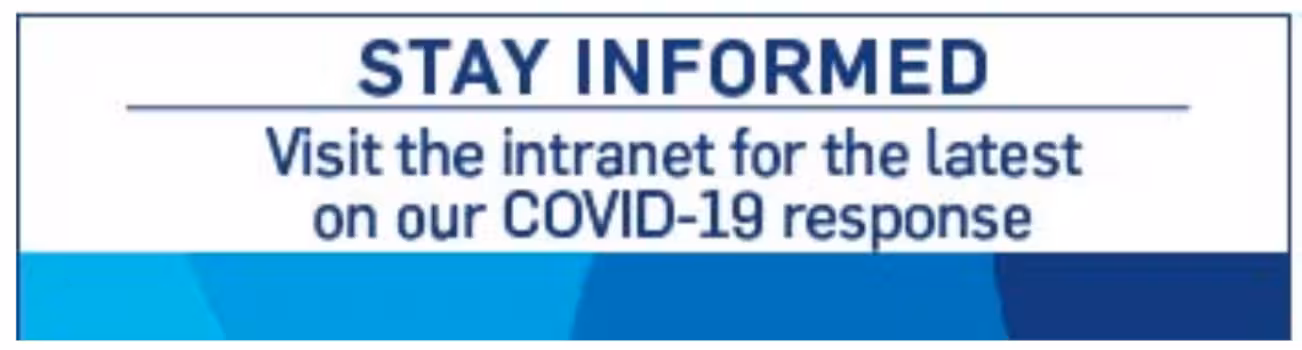 Email ad banner encouraging employees to visit the intranet for the latest COVID-19 response updates, showing how Opensense streamlines internal communications by delivering consistent, real-time messaging across employee email.