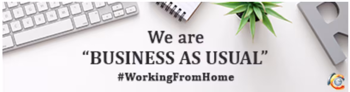 Email ad banner stating “We are business as usual” with a work-from-home theme, showing how Opensense enables the brand to maintain trust and communicate operational status updates in a visually consistent way.