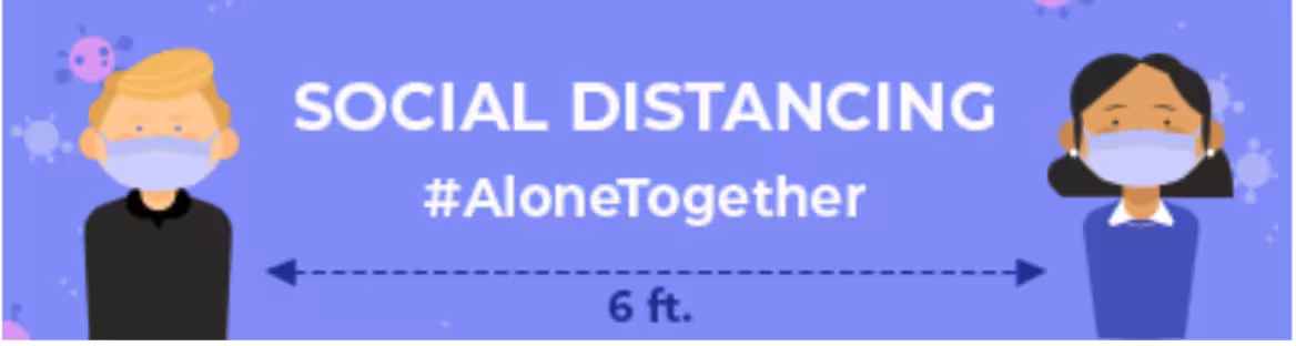 Email ad banner promoting social distancing with illustrated masked characters standing six feet apart, demonstrating how the brand uses Opensense to deliver timely public-health messaging consistently across all employee emails.