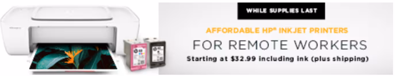 Promotional email ad banner for affordable HP inkjet printers designed for remote employees, illustrating how the brand uses Opensense to surface relevant offers to customers and staff directly through email signatures.