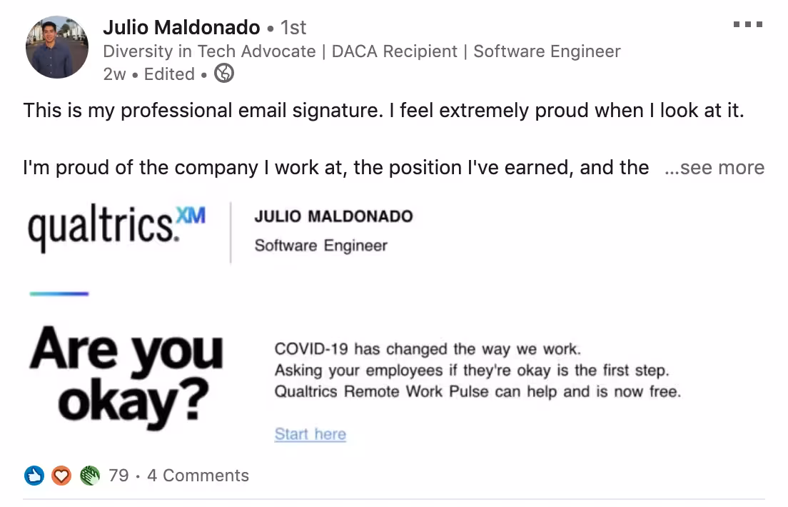 Screenshot of a LinkedIn post where an employee shares pride in their professional email signature, featuring a clean corporate signature design and a wellness-focused banner about employee well-being. The post demonstrates how Opensense enables organizations to turn employee email signatures into branded moments that reinforce culture, share timely messages, and create measurable engagement.