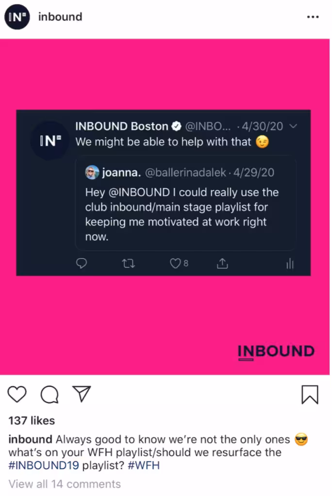 Social post featuring a screenshot of a tweet conversation on a bright pink background, where the INBOUND brand responds playfully about creating a playlist. Demonstrates how brands use visually bold social content to spark engagement.