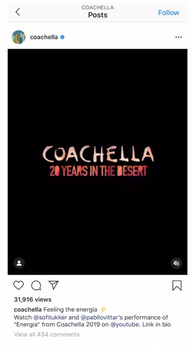 Social post featuring a black background with the text “Coachella: 20 Years in the Desert,” promoting a music performance video.