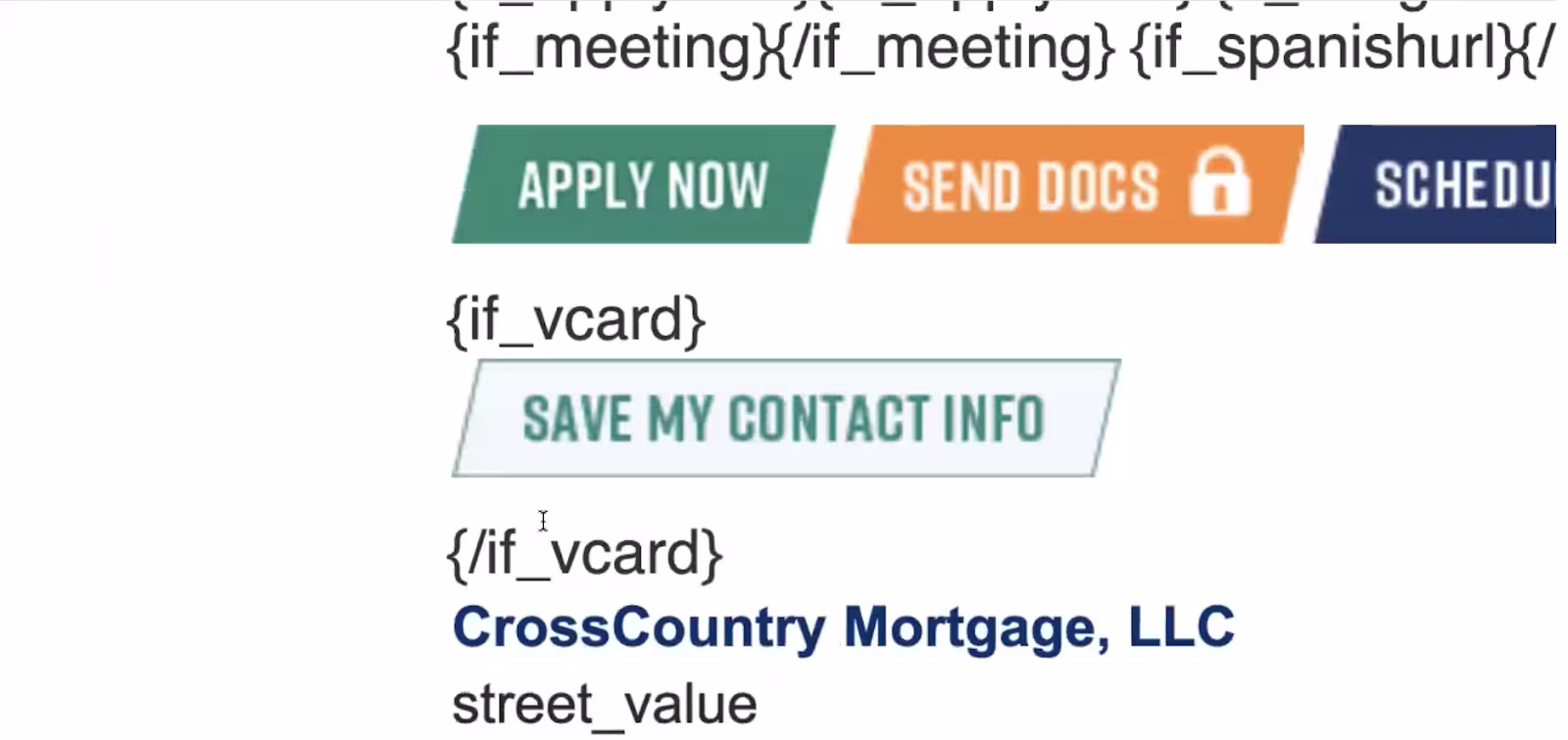 Screenshot of an Opensense signature template showing conditional logic for vCard availability and multiple call-to-action buttons including “Apply Now,” “Send Docs,” “Schedule,” and “Save My Contact Info.”