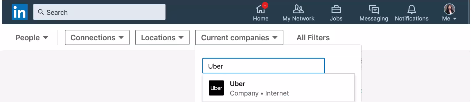 Screenshot of LinkedIn search filters with “Current companies: Uber” selected. Shows how marketers can identify target accounts.