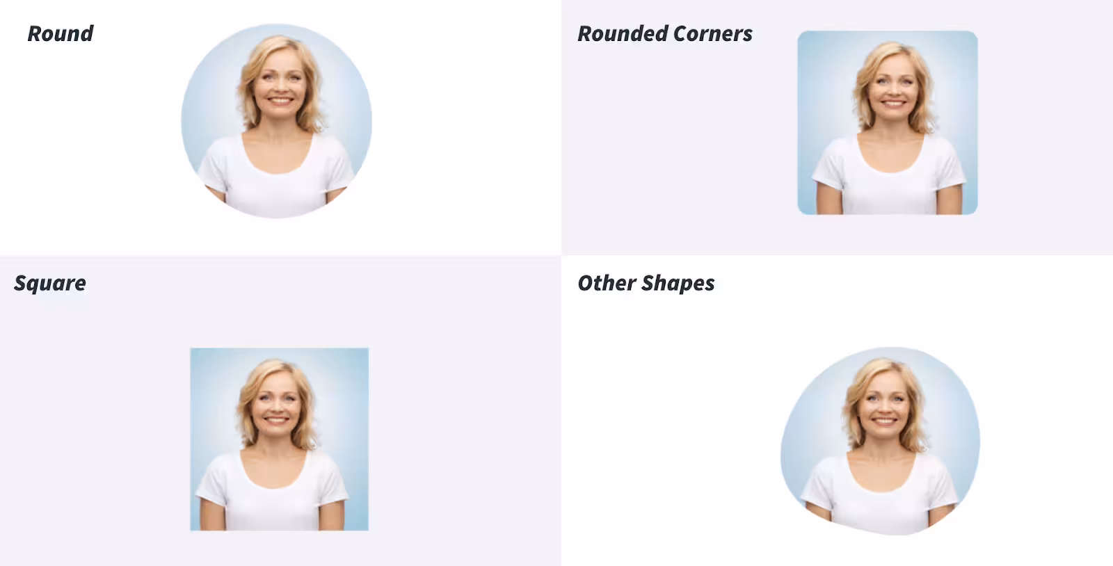 Image comparing different headshot styling options—round, rounded corners, square, and organic shapes—to illustrate Opensense’s customizable profile photo formats for consistent brand design.