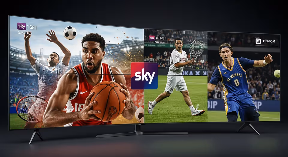 Tela curva de TV Sky exibindo esportes variados com jogadores em ação
