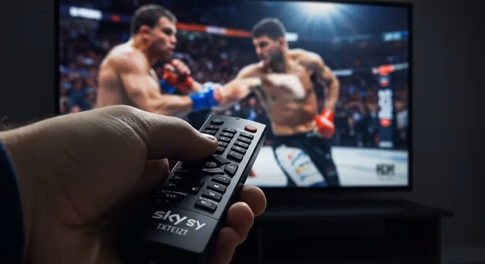 Controle remoto Sky com mão apontando para luta de MMA na TV