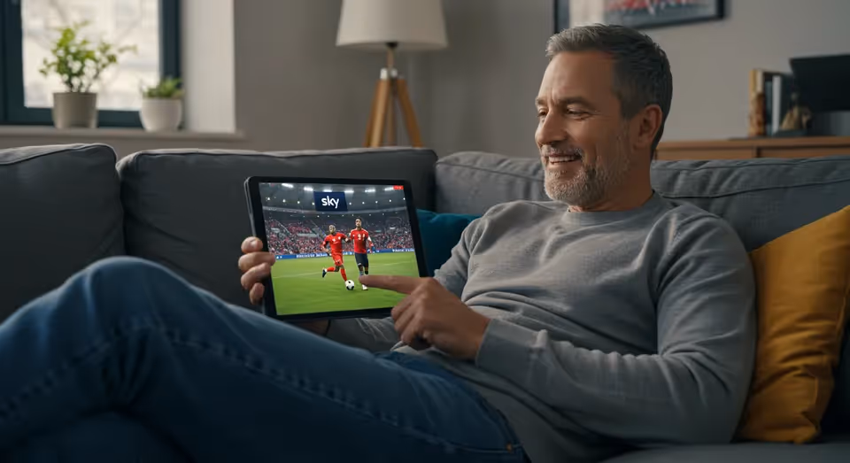 Homem sorridente assistindo jogo de futebol ao vivo no tablet Sky