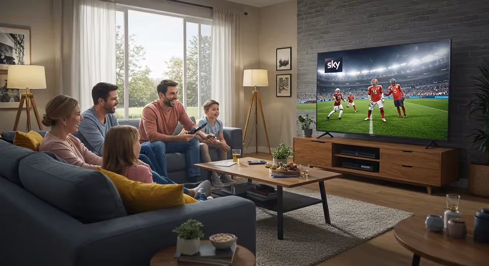 Família feliz assistindo futebol na TV Sky em sala moderna e iluminada