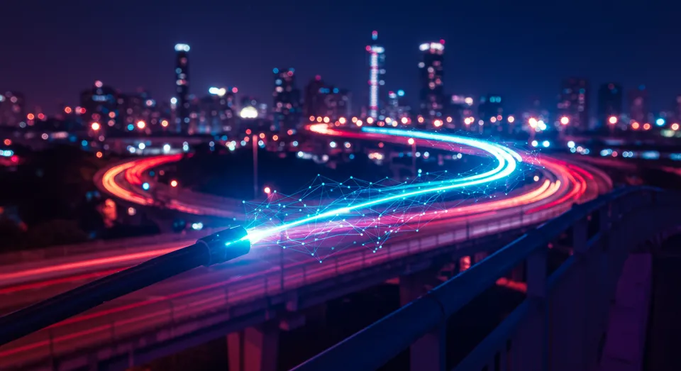 Cabo de fibra óptica com luz azul em fundo urbano