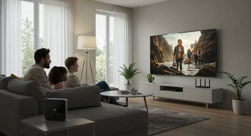 Família assistindo filme em TV grande na sala moderna