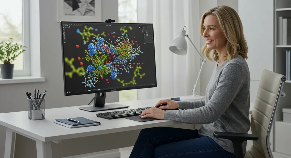 Mulher trabalhando com visualização de moléculas no PC