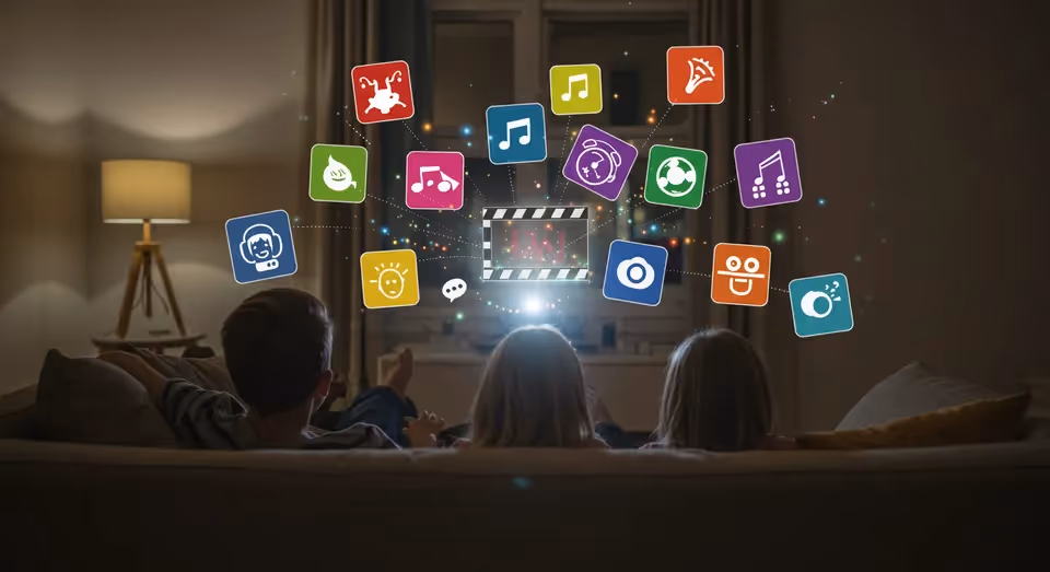Família assistindo TV com ícones de apps flutuando