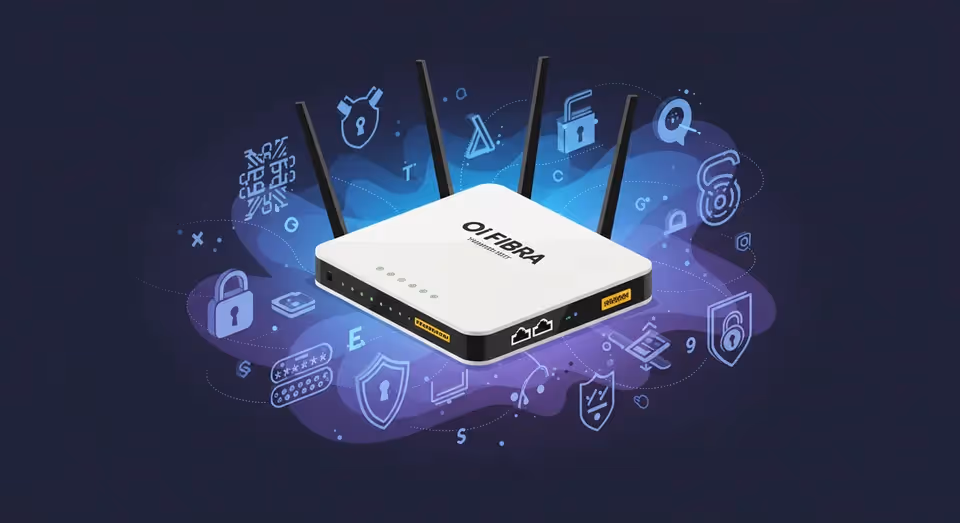 Roteador Oi Fibra com ícones de segurança digital.