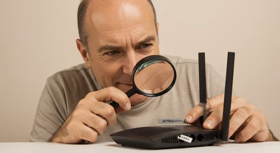Homem examinando roteador Oi Fibra com lupa.