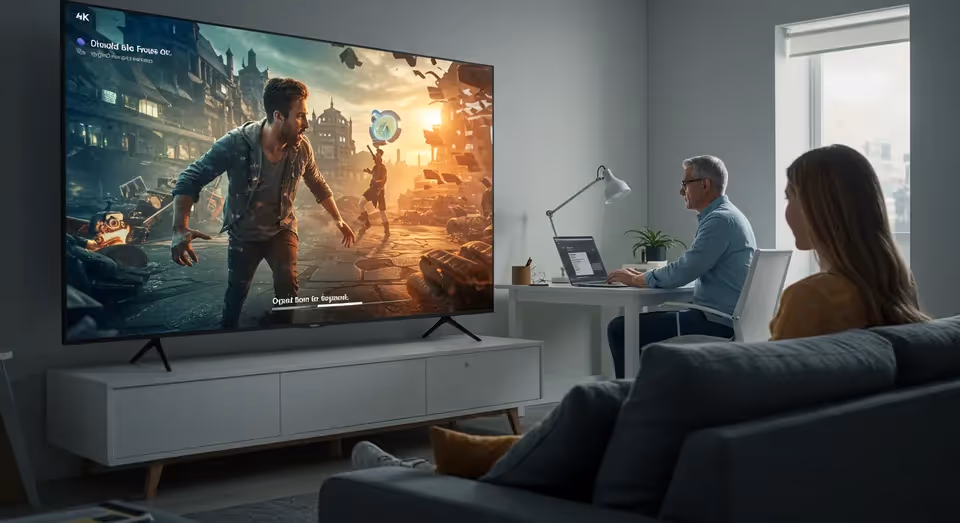 Casal em casa com TV 4K ligada e home office ao fundo