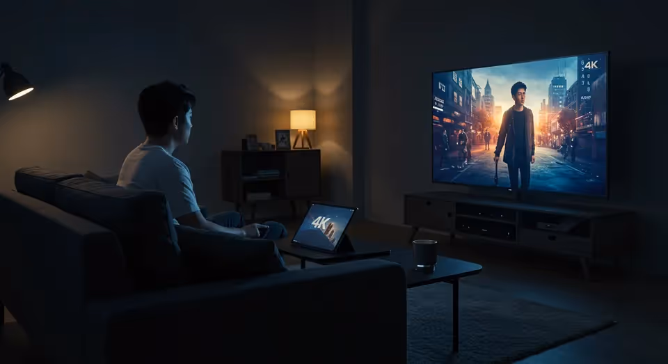 Jovem assiste filme em TV 4K à noite na sala escura