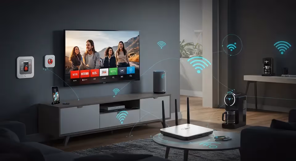 Dispositivos conectados via Wi-Fi em uma casa inteligente