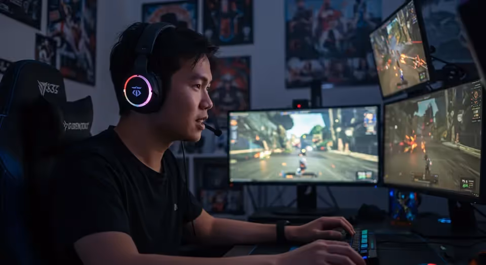 Gamer jogando com vários monitores e headset