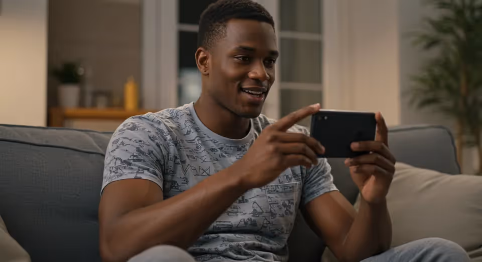 Jovem sorrindo enquanto joga em um celular.