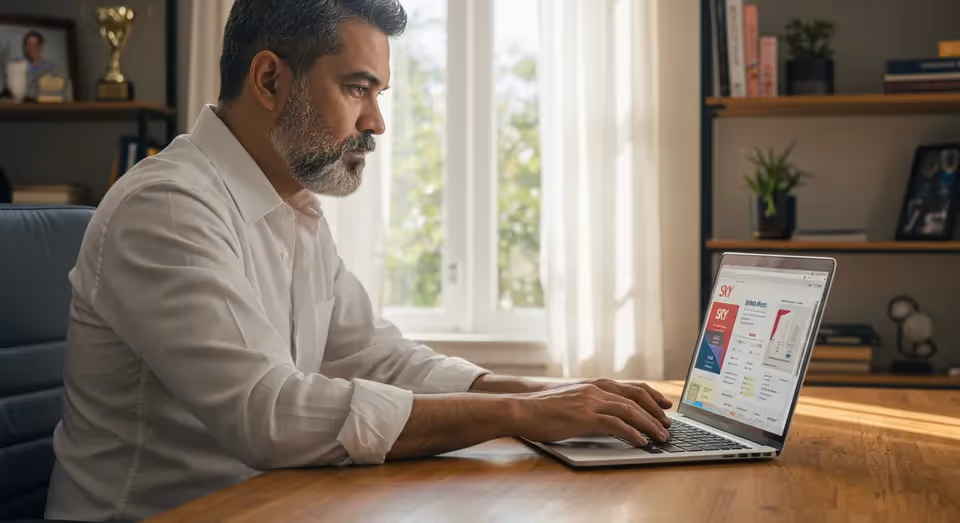 Homem trabalhando em um laptop, com tela mostrando dados.