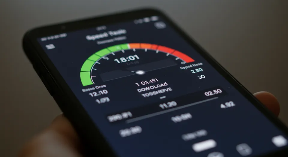 Tela de teste de velocidade exibida em smartphone.