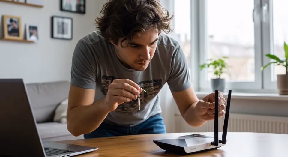 Homem ajustando antena de roteador Wi-Fi.