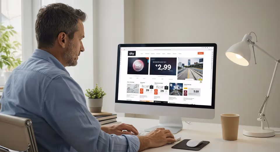 Homem acessando site da SKY em computador de mesa.