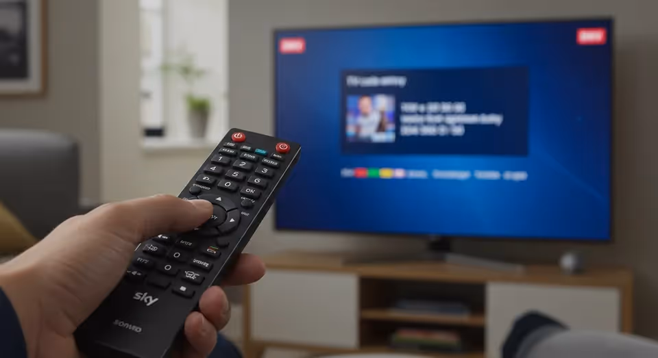 Pessoa segurando controle remoto assistindo SKY TV.