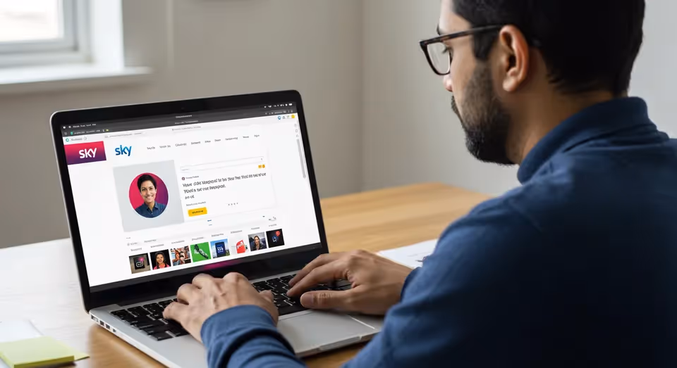 Homem acessando plataforma SKY pelo notebook.