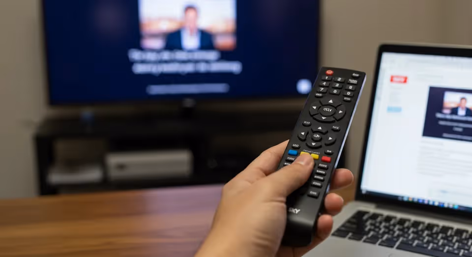 Pessoa com controle remoto e notebook vendo SKY TV.