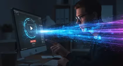 Homem interagindo com computador, luzes digitais.