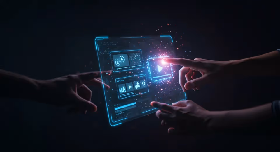 Mãos interagindo com uma tela holográfica de dados.