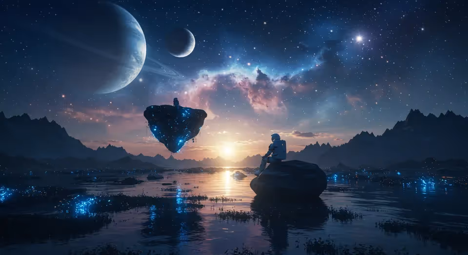 Astronauta sentado em rocha com paisagem espacial ao fundo.