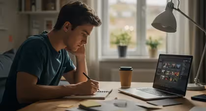 Homem escrevendo em caderno enquanto trabalha no notebook.