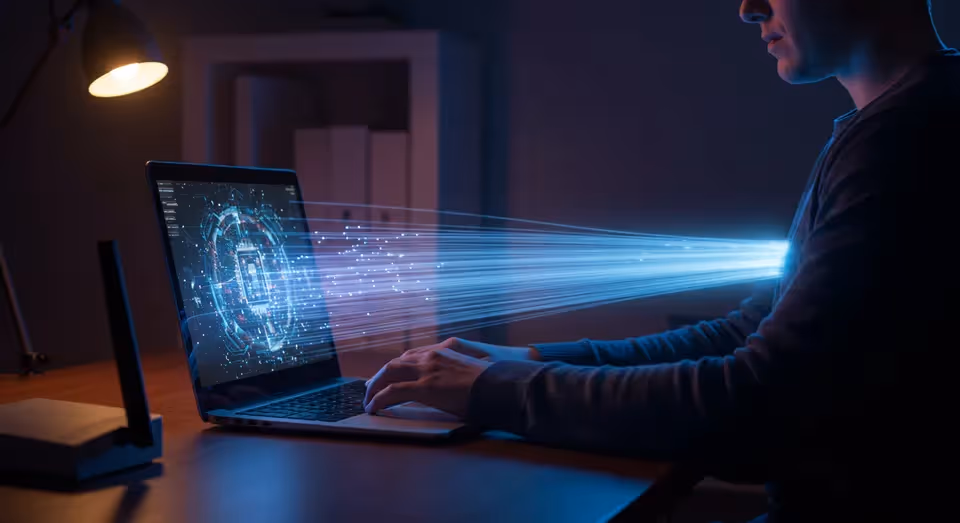 Homem digitando com feixe de luz azul saindo do notebook.